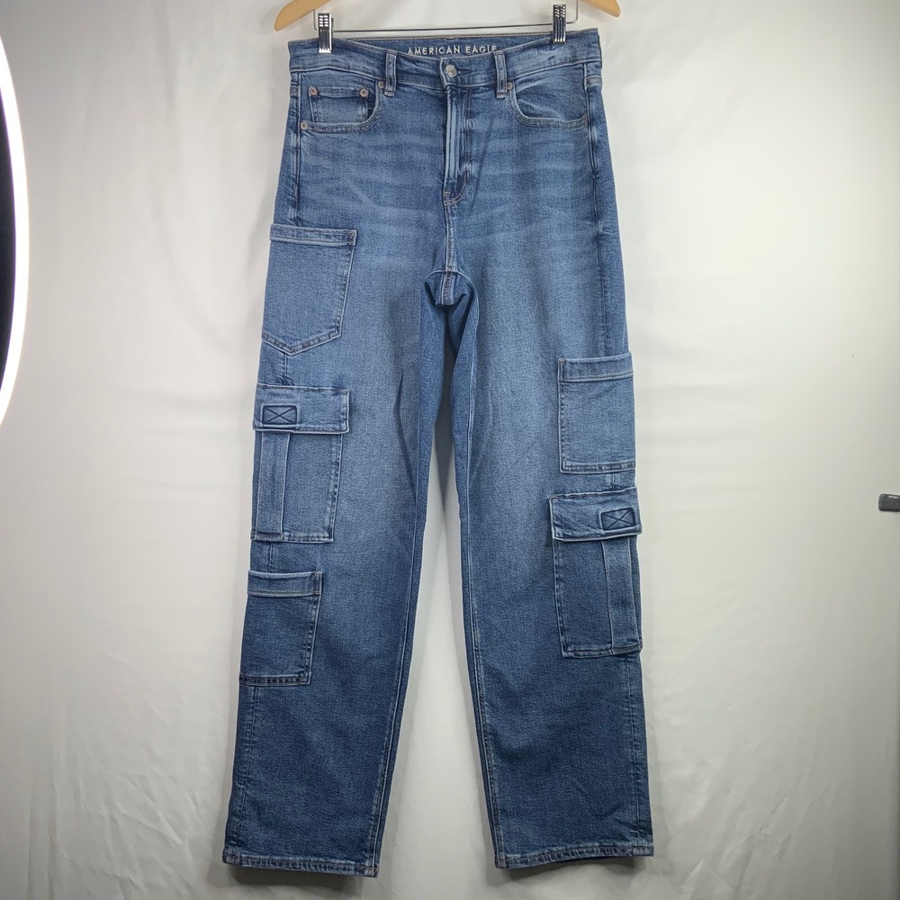 American Eagle Womens High Waisted Straight Leg Cargo Jeans Medium Wash Blue